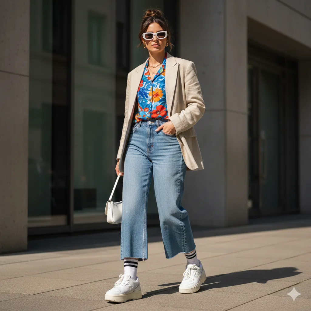 استایل با کتونی سفید، شلوارهای بگ و نیم‌بگ (Wide-Leg & Baggy)
