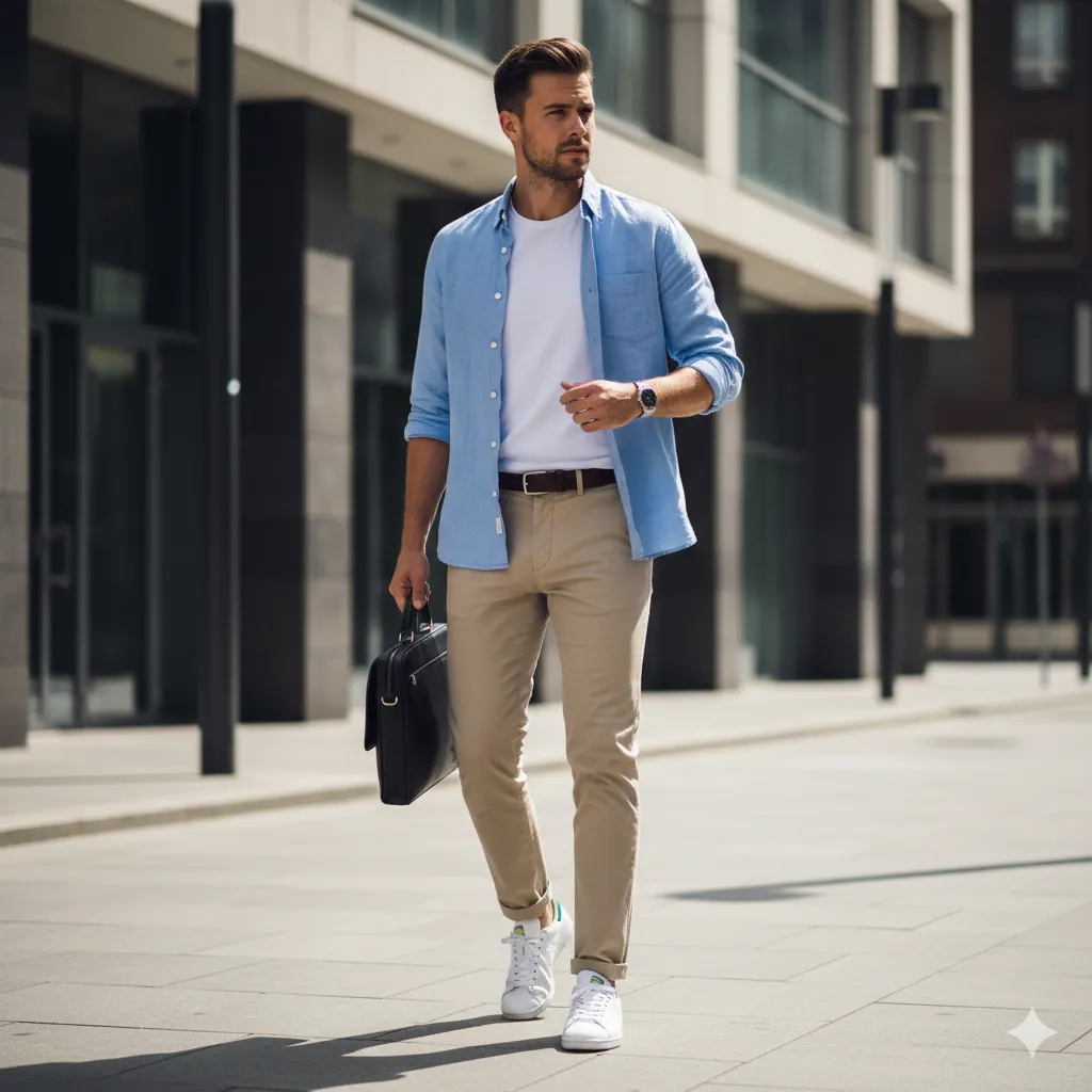 استایل با کتونی سفید، شلوارهای پارچه‌ای و کتان (Chinos & Trousers)