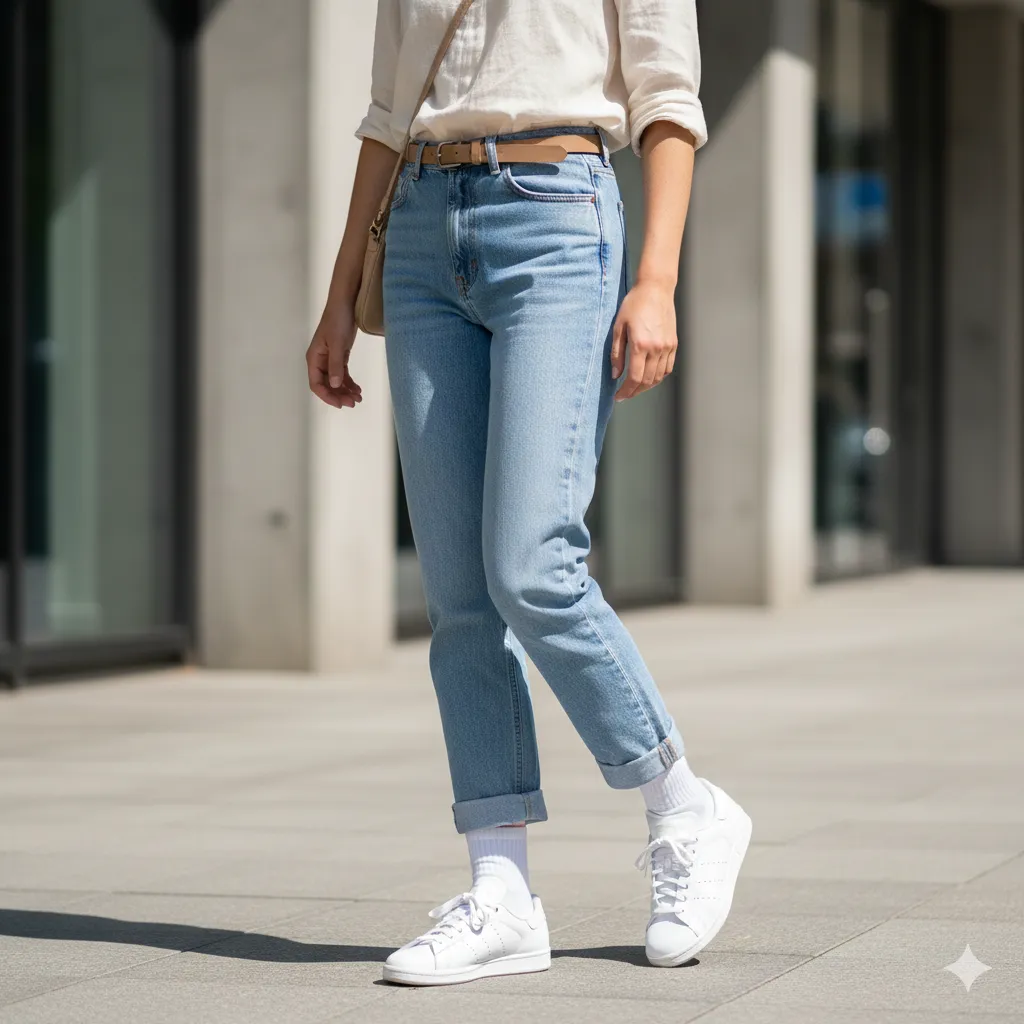 استایل با کتونی سفید، شلوار جین راسته و مام‌استایل (Straight & Mom Jeans)